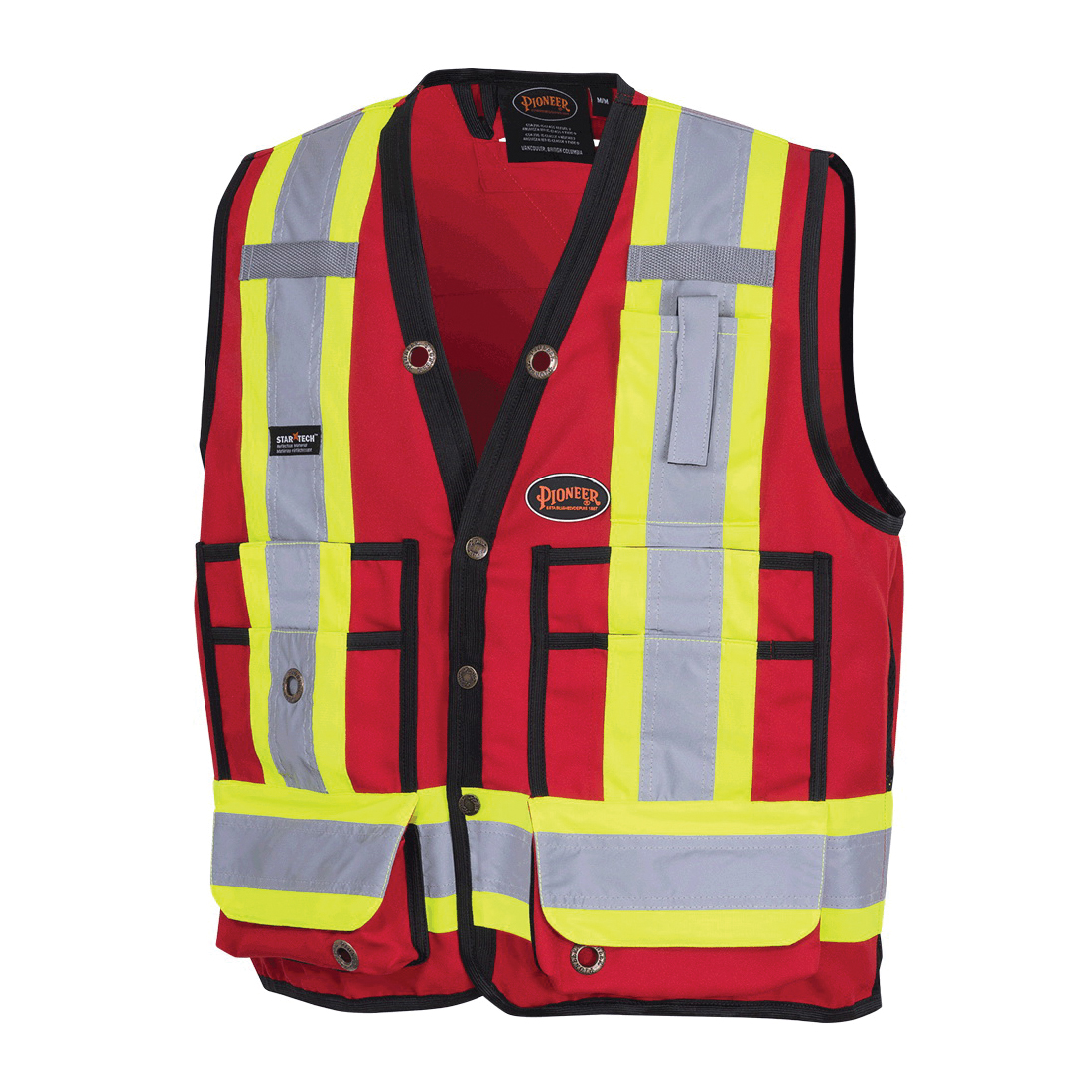 PIONEER® V1010130-L Surveyor Safety Vest, L, Hi-Viz Red, 150D Woven Twill  Polyester, Brass Snap Front Closure, 17 Pockets, ANSI Class: 1, ANSI/ISEA  107-20 Class 1 Type O, CSA Z96-15 Class 1 Level